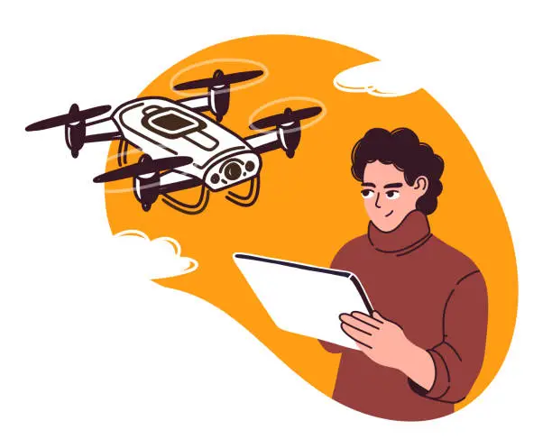 Vector illustration of A young male flying a drone with a remote control. Vector illustration of Drone, Technology design concept. Hand drawn, sketch, doodle.