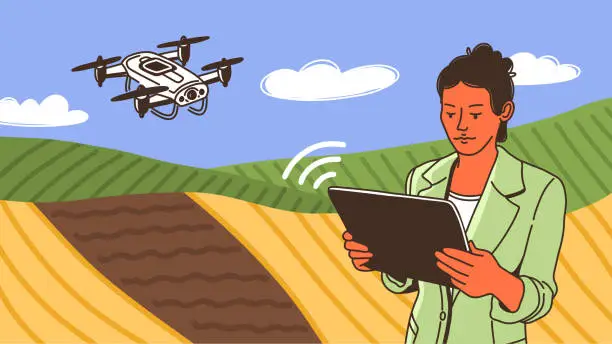 Vector illustration of A young female flying a drone with a remote control. Vector illustration of Agriculture technology design concept. Hand drawn, sketch, doodle.