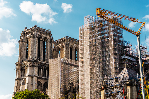 Paris, France - May 19, 2023: View of Notre-Dame de Paris costruction site after the 2019 fire. Notre-Dame de Paris (meaning \