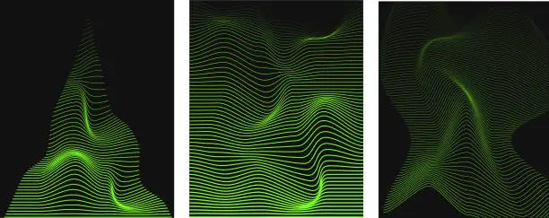 Vector illustration of Distorted pattern of green neon lines on a black background. Abstract glitch background. Retrowave, vaporwave. Acid green, black colors. Fashion retro 1980s, 90s style. Print, poster, banner.