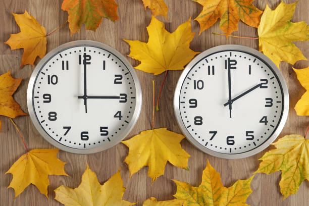 deux horloges, l’une indique trois heures, l’autre deux heures. des feuilles d’automne tombées jaunes traînent. - minute hand number 15 clock time photos et images de collection