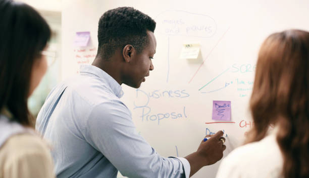 istock Man, women, teamwork and startup for writing, board and plan with brainstorming, strategy and proposal. Happy African manager, whiteboard and pen for ideas, innovation and support with collaboration 1503276118