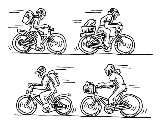 Vector illustration of Group Of Cyclists Back And Forth Drawing