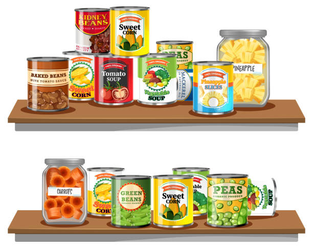 istock Canned food on wooden shelf isolated 1503277790