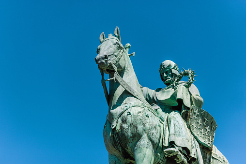 Sculpture of King Saint Louis IX decorating the arch of Sacré-Coeur Basilica de Montmartre - Paris, France. Louis IX (25 April 1214 – 25 August 1270), commonly revered as Saint Louis, was King of France from 1226 until his death in 1270. King Louis IX led a Crusade in the mid-1200s. He died during another Crusade in 1270. In 1297, to honor the king's efforts as a Crusader, the Roman Catholic Church made Louis IX a saint. He is the only French king to have been made a saint.