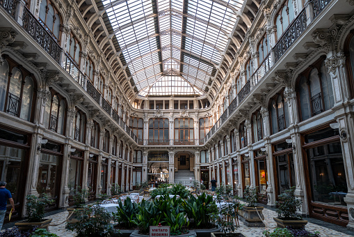 June 27 2023, Turin Italy: the glass ceiling of the historical building Galleria Subalpina (gallery, mall) in Turin, Italy