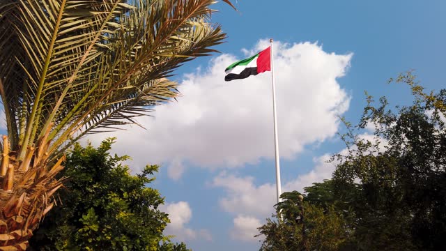 United Arab Emirates flag above the park in the territory of Dubai emirate of United Arab Emirates