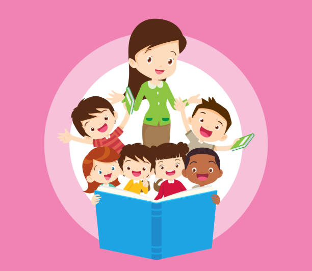 Student reading book concept 042 teacher with Boy and girls learning.children reading with Back to School Concept education preschool teacher child stock illustrations