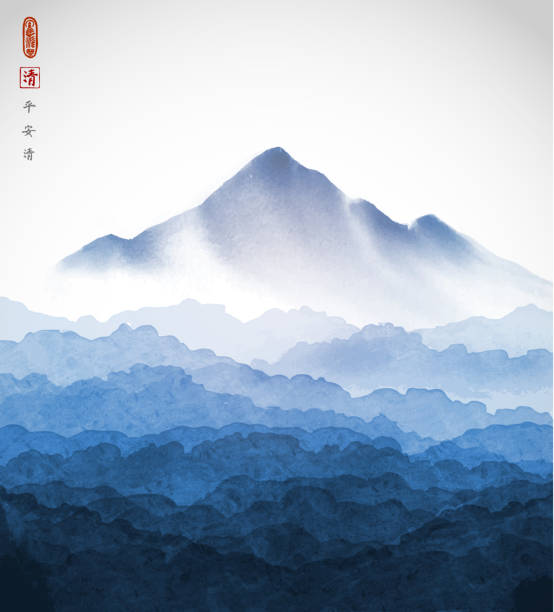 istock Landscape with high blue mountain over the forest hills. Traditional oriental ink painting sumi-e, u-sin, go-hua. Hieroglyphs - peace, tranquility, clarity. 1503281027