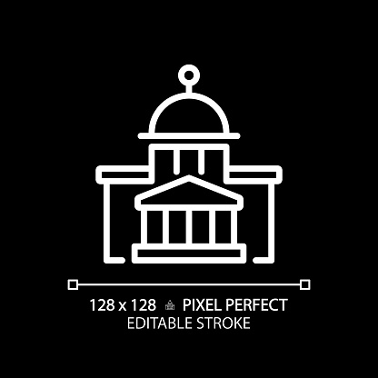 2D pixel perfect editable white linear icon of government building, Isolated symbol for dark mode.