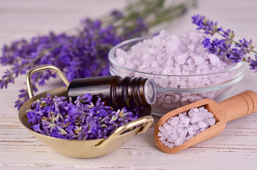 Lavender essential oil and lavender-scented bath salt.