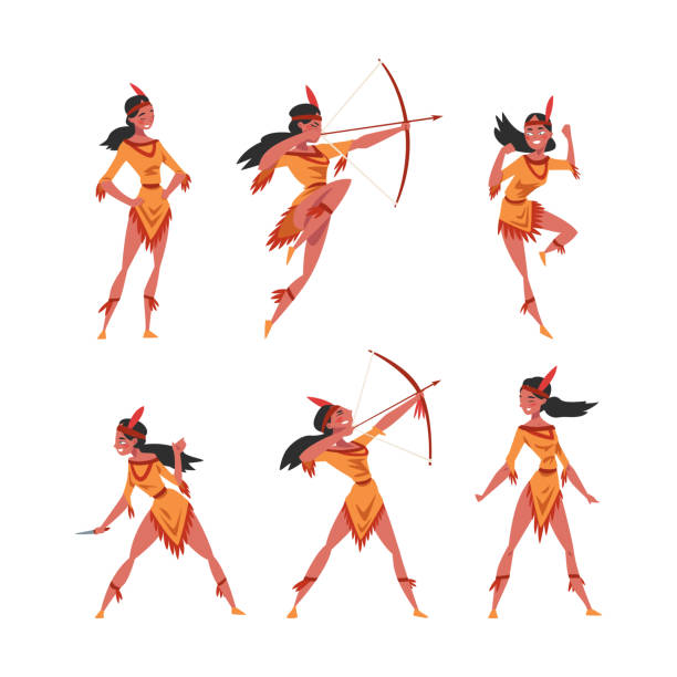 Female as Native American Tribe Member In Traditional Indian Clothing with Bow and Arrow Hunting Vector Set Female as Native American Tribe Member In Traditional Indian Clothing with Bow and Arrow Hunting Vector Set. Young Indigenous Woman with Feather and Headband Concept famous archer stock illustrations