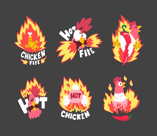 Hot Spicy Chicken with Fire as Grill and Roast Sticker Vector Set Hot Spicy Chicken with Fire as Grill and Roast Sticker Vector Set. Comic Feathered Poultry for Tasty Snack Concept crazy chicken stock illustrations