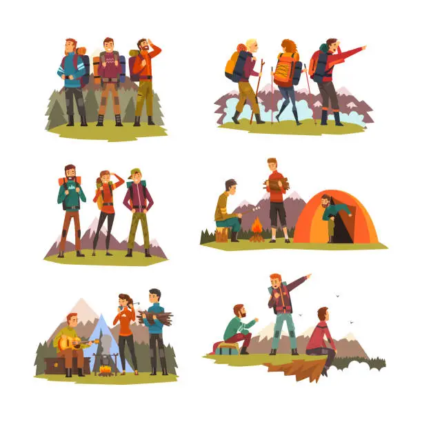 Vector illustration of People Characters with Backpack Engaged in Hiking and Trekking Having Camp Adventure Vector Set