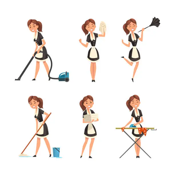 Vector illustration of Smiling Maid or Housemaid in Black Dress and White Apron Dusting, Vacuum Cleaning, Mopping the Floor and Ironing Vector Set