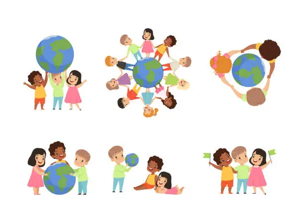 Vector illustration of Earth Globe Day with Happy Kids and Sphere as Green Planet Protection Vector Set