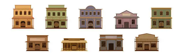 Vector illustration of Western Wooden Saloon Bars and Buildings Vector Set