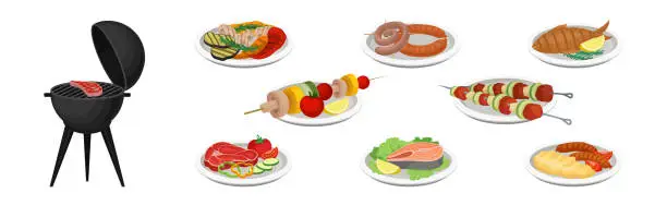 Vector illustration of Barbecue Food with Grilled Meat and Vegetables on Plate Vector Set