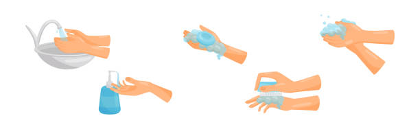 Hands Hygiene with Washing and Rubbing with Soap Vector Set Hands Hygiene with Washing and Rubbing with Soap Vector Set. Hygienic Procedure as Healthcare and Sanitation water sanitation worker washing faucet stock illustrations