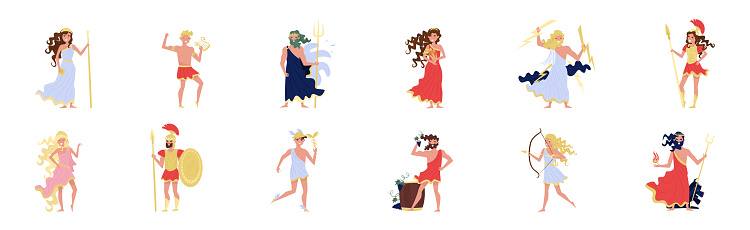 Ancient Greek Deity in Antique Clothing as Myth and Legend Hero Vector Set. Man and Woman as Gods of Olympus