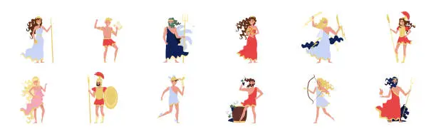 Vector illustration of Ancient Greek Deity in Antique Clothing as Myth and Legend Hero Vector Set