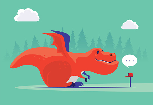 vector illustration of dragon looking at email icon with mailbox