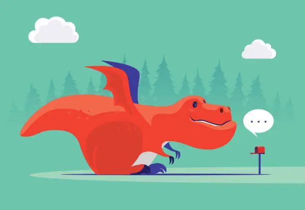 Vector illustration of dragon looking at email icon with mailbox