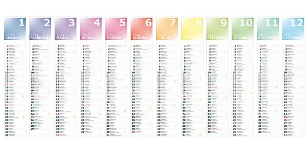 Vector illustration of 2024 single column italian calendar (12 months) with italian holidays, saints and moon phases