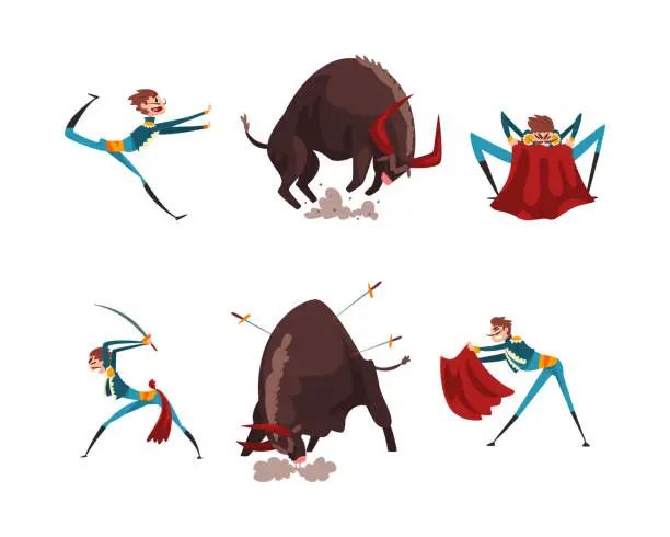 Vector illustration of Bullfighter or Matador with Red Cloak and Furious Bull Vector Set