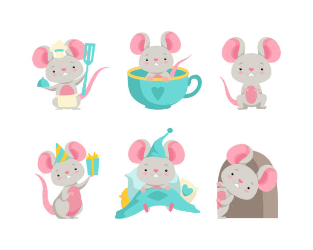 ilustrações de stock, clip art, desenhos animados e ícones de cute grey mouse character with pretty snout engaged in different activity vector set - cartoon chef mouse rat