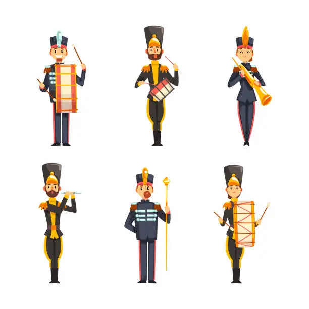 Vector illustration of Military Band Member in Parade Uniform Playing Musical Instrument Vector Set