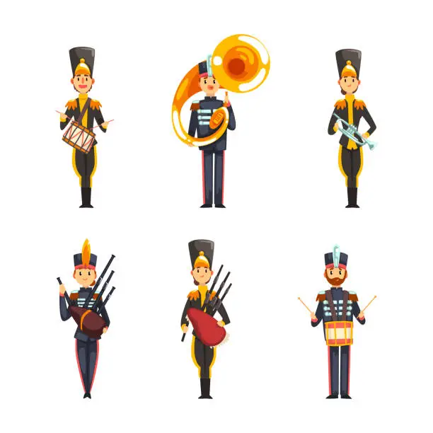 Vector illustration of Military Band Member in Parade Uniform Playing Musical Instrument Vector Set