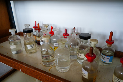 Close up of school laboratory chemicals