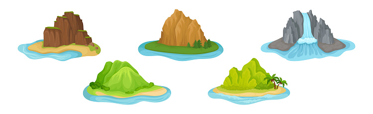 Mountains and Heap Peak as Nature Outdoor Landscape Vector Set. Rocky Mount and Ridge Surrounded by Water