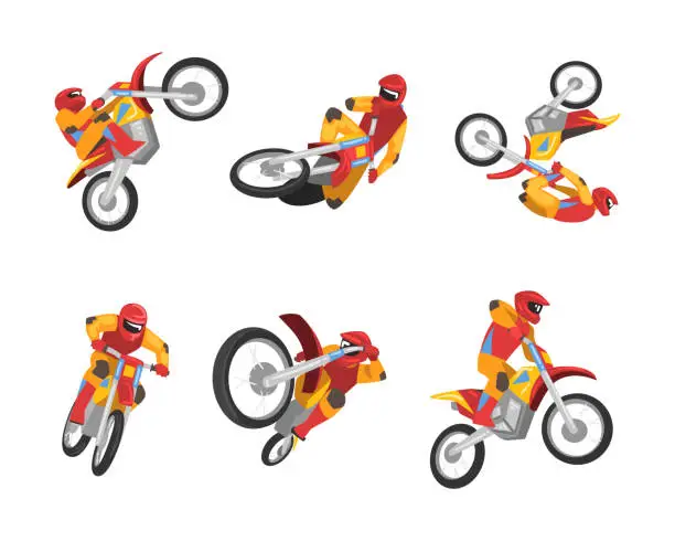 Vector illustration of Freestyle Motocross with Motorcycle Rider Performing Jumps and Stunt Vector Set