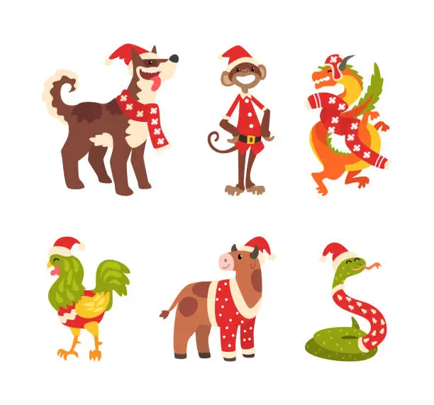 Vector illustration of Funny Animal Characters in Christmas Sweater, Scarf and Hat Vector Set
