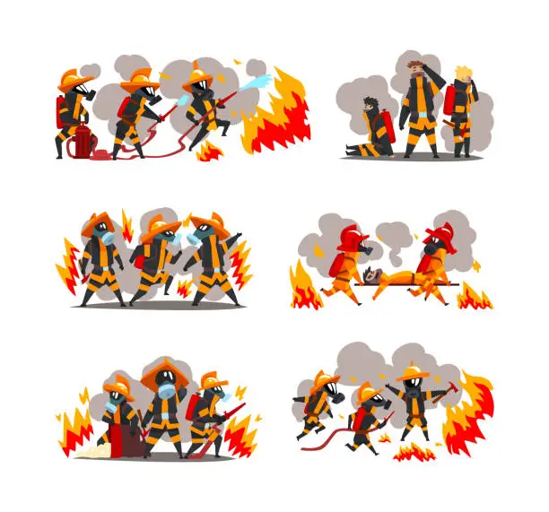 Vector illustration of Firefighter in Uniform and Protective Helmet Extinguishing Hazardous Fire with Hose Vector Set