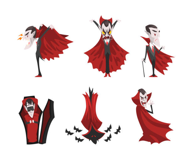 Count Dracula as Scary Vampire Character Wearing Red Cape Vector Set Count Dracula as Scary Vampire Character Wearing Red Cape Vector Set. Spooky Man with Sharp Fangs count dracula stock illustrations