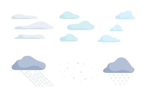 Fluffy Shaped Clouds Scudding Across Sky, Snow and Rain as Landscape Constructor Element Vector Set. Simple Outdoor Environment Item Concept
