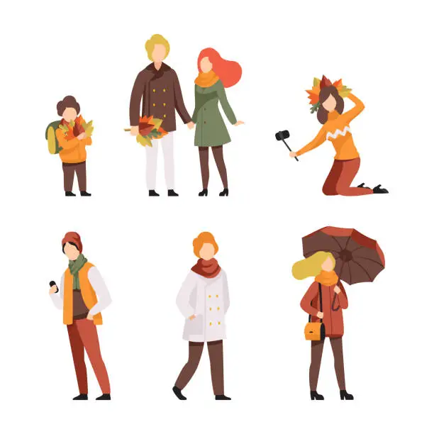 Vector illustration of People Characters Walking in Autumn Park Enjoying Weather Vector Set