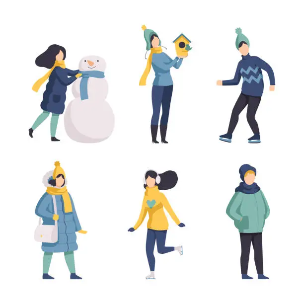 Vector illustration of People Characters in Warm Winter Clothes Walking Outdoor in Cold Season Vector Set