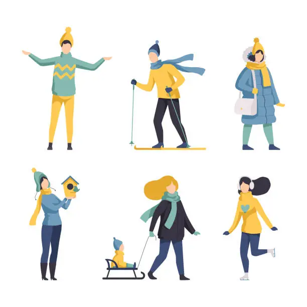 Vector illustration of People Characters in Warm Winter Clothes Walking Outdoor in Cold Season Vector Set
