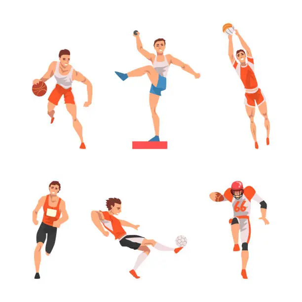 Vector illustration of Man Character Playing Basketball, Rugby, Volleyball, Football, Running Marathon and Throwing Ball Vector Set