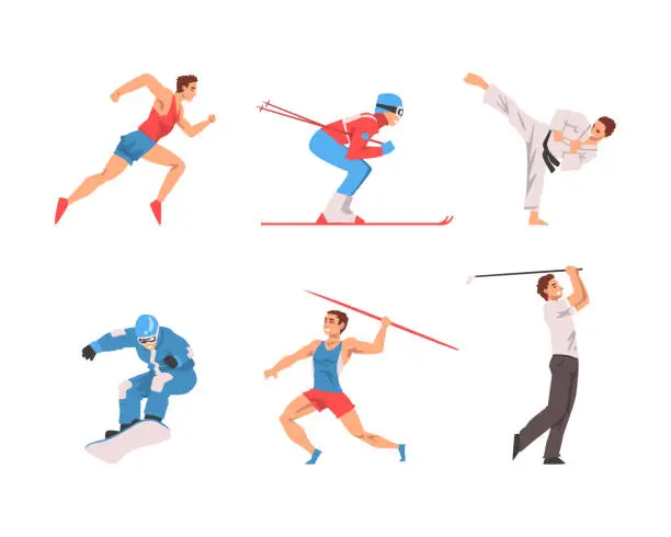 Vector illustration of Man Character Running, Skiing, Doing Karate, Snowboarding, Playing Golf and Throwing Javelin Vector Set