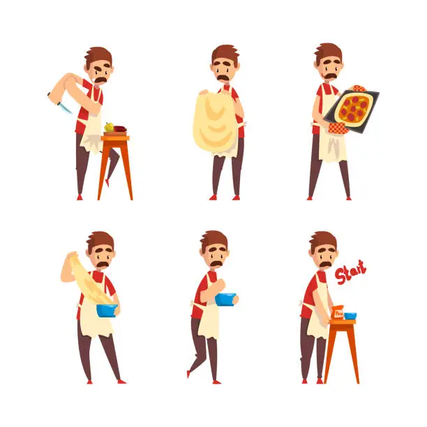 Vector illustration of Moustached Male Pizza Maker in Apron Preparing Italian Pizza Kneading Dough Vector Set