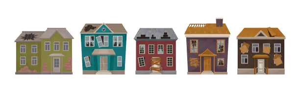 Vector illustration of Old Weathered Houses and Dwellings as Abandoned Building in Bad Condition Vector Set