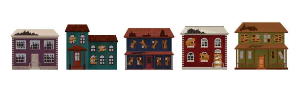 Vector illustration of Old Weathered Houses and Dwellings as Abandoned Building in Bad Condition Vector Set