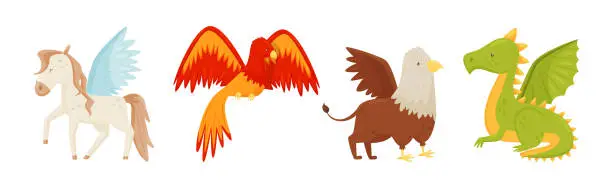 Vector illustration of Mythical Creatures with Pegasus, the Phoenix Bird, Griffin and Dragon Vector Set