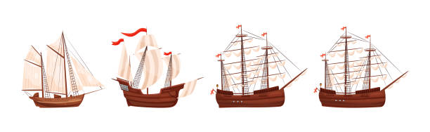 illustrazioni stock, clip art, cartoni animati e icone di tendenza di vecchie navi di legno con vele e bandiere svolazzanti set vettoriale - sailing ship nautical vessel military ship brigantine