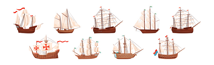 Old Wooden Ships with Sails and Fluttering Flags Vector Set. Nautical Watercraft and Marine Vessels with Mast